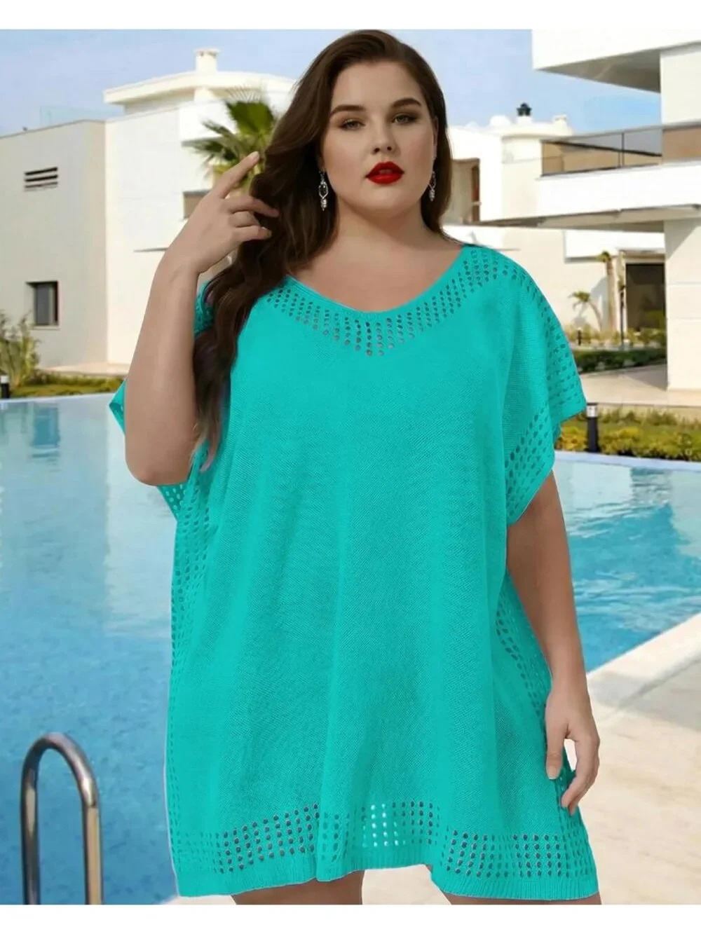 Women's Sapphire Blue One Size Polyester Crochet Summer Swimsuit Coverup Dress